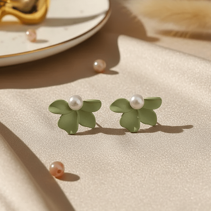 Green Petal & Pearl Stud Earrings | Frosted Floral Earrings with Pearl Centre - ZI FASHION