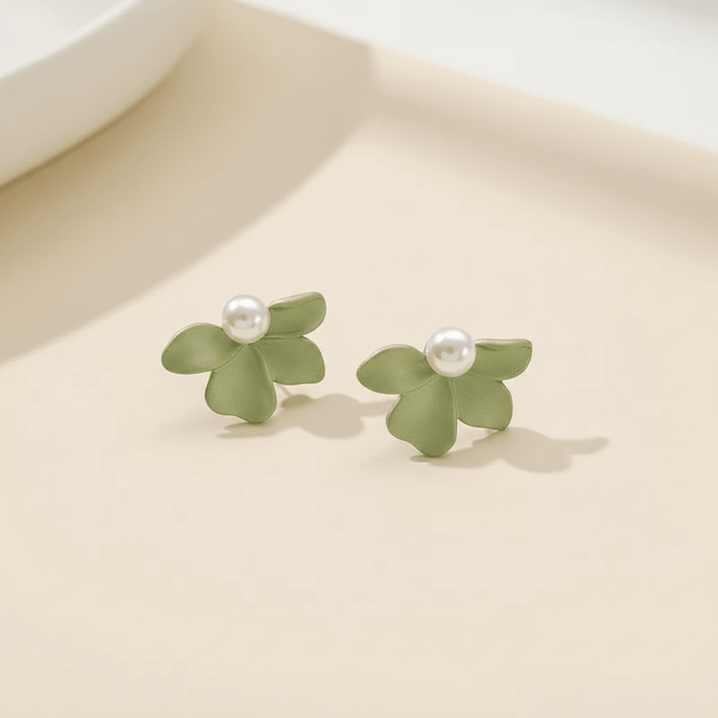 Green Petal & Pearl Stud Earrings | Frosted Floral Earrings with Pearl Centre - ZI FASHION