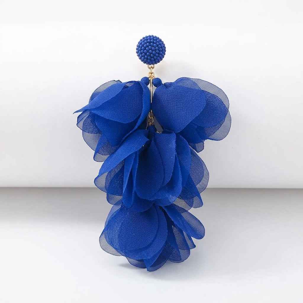 Klein Blue Chiffon Petal Drop Earrings | Oversized Bohemian Fabric Flower Earrings - ZI FASHION
