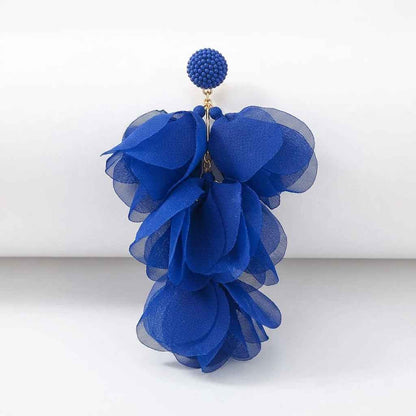 Klein Blue Chiffon Petal Drop Earrings | Oversized Bohemian Fabric Flower Earrings - ZI FASHION
