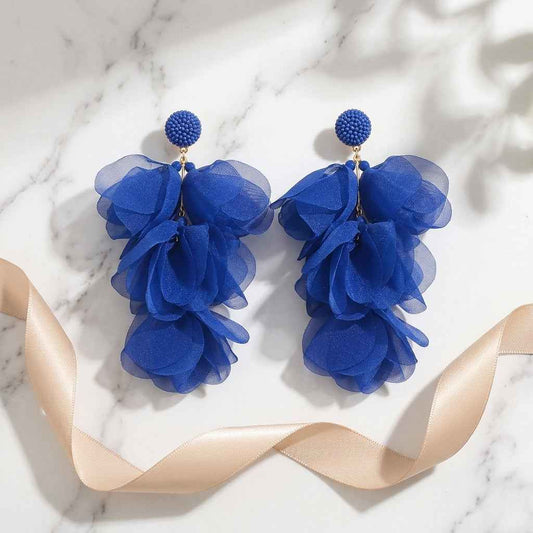 Klein Blue Chiffon Petal Drop Earrings | Oversized Bohemian Fabric Flower Earrings - ZI FASHION