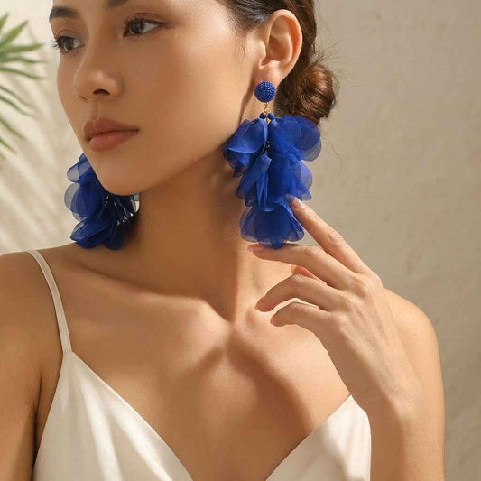Klein Blue Chiffon Petal Drop Earrings | Oversized Bohemian Fabric Flower Earrings - ZI FASHION