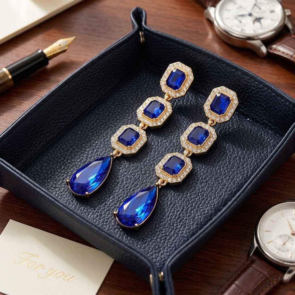 Klein Blue Sapphire Crystal Long Drop Earrings | Gold Vintage Rhinestone Chandelier Earrings - ZI FASHION