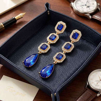 Klein Blue Sapphire Crystal Long Drop Earrings | Gold Vintage Rhinestone Chandelier Earrings - ZI FASHION