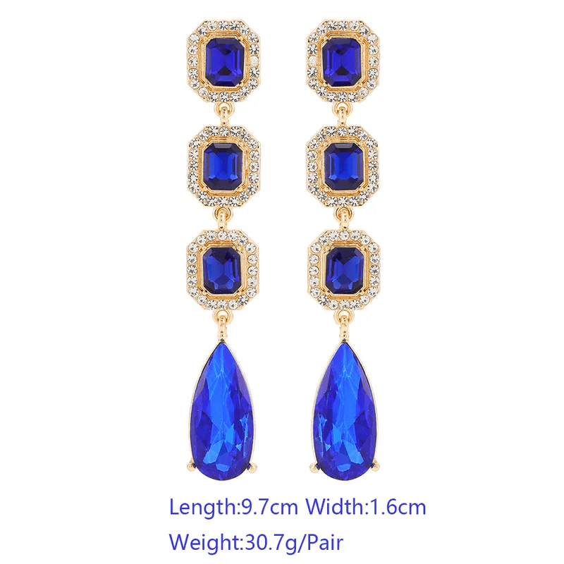 Klein Blue Sapphire Crystal Long Drop Earrings | Gold Vintage Rhinestone Chandelier Earrings - ZI FASHION