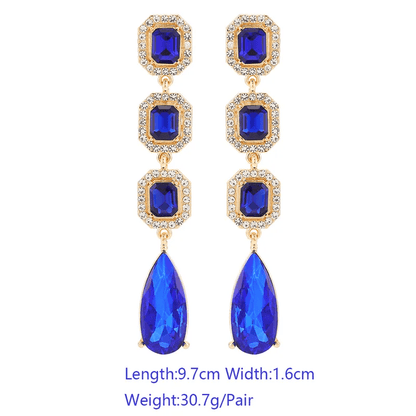Klein Blue Sapphire Crystal Long Drop Earrings | Gold Vintage Rhinestone Chandelier Earrings - ZI FASHION