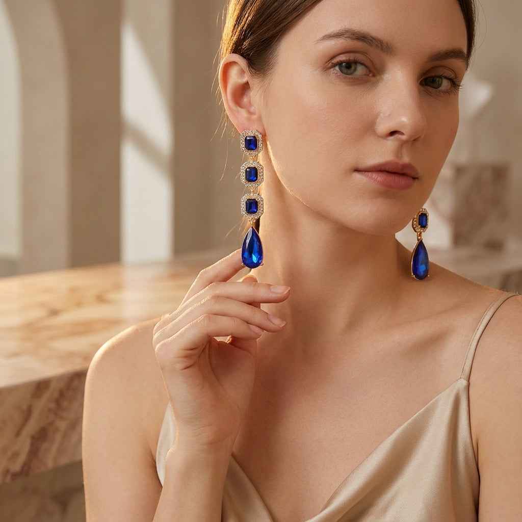 Klein Blue Sapphire Crystal Long Drop Earrings | Gold Vintage Rhinestone Chandelier Earrings - ZI FASHION