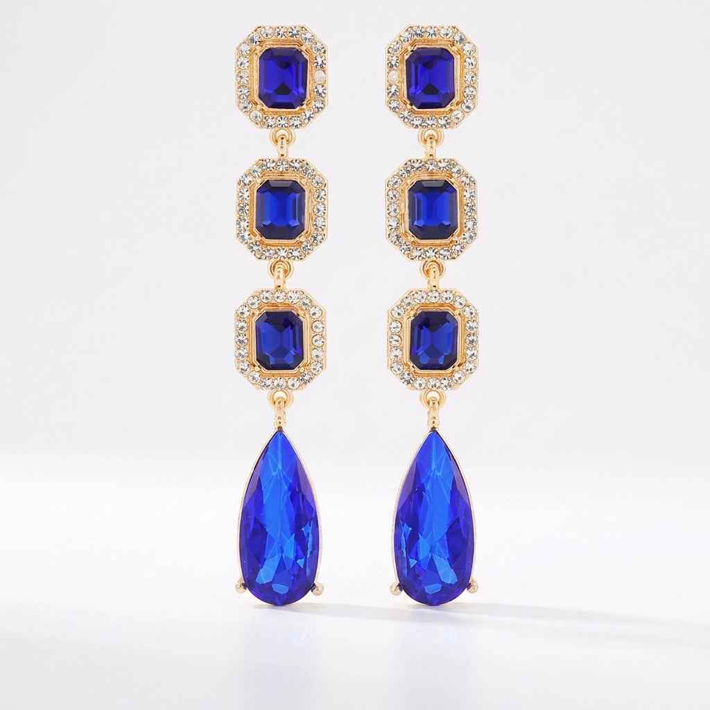 Klein Blue Sapphire Crystal Long Drop Earrings | Gold Vintage Rhinestone Chandelier Earrings - ZI FASHION