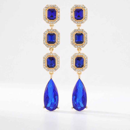 Klein Blue Sapphire Crystal Long Drop Earrings | Gold Vintage Rhinestone Chandelier Earrings - ZI FASHION