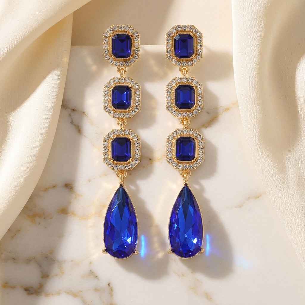 Klein Blue Sapphire Crystal Long Drop Earrings | Gold Vintage Rhinestone Chandelier Earrings - ZI FASHION