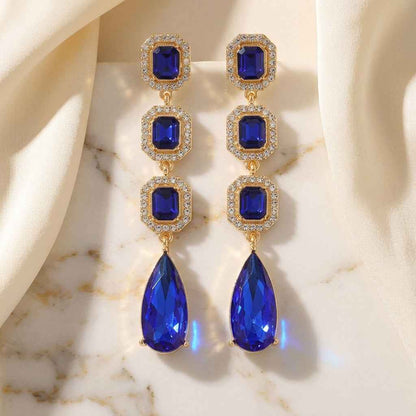 Klein Blue Sapphire Crystal Long Drop Earrings | Gold Vintage Rhinestone Chandelier Earrings - ZI FASHION