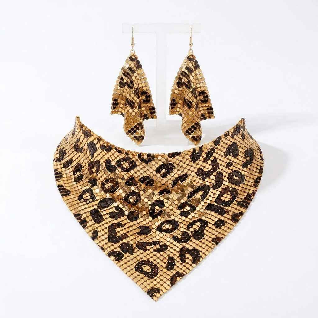 Leopard Print Metallic Mesh Statement Set - ZI FASHION
