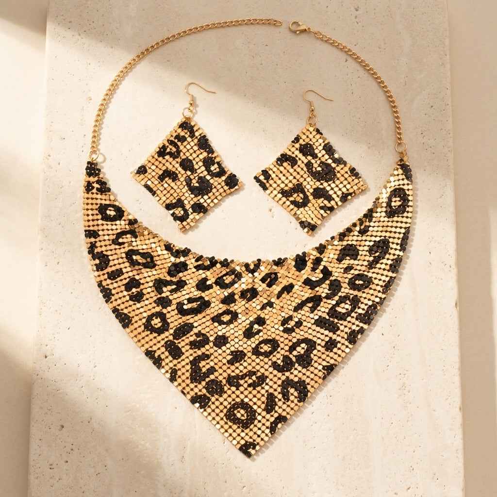 Leopard Print Metallic Mesh Statement Set - ZI FASHION