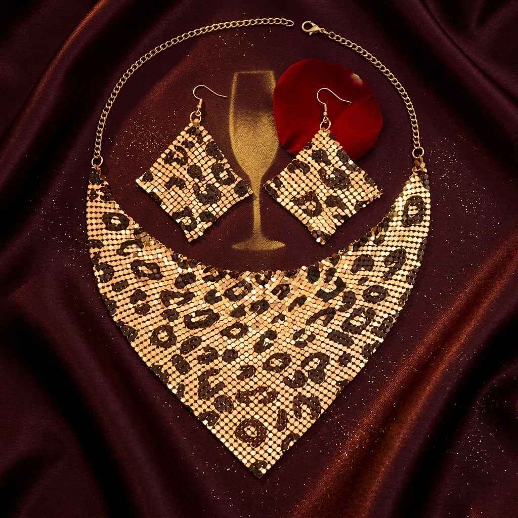 Leopard Print Metallic Mesh Statement Set - ZI FASHION