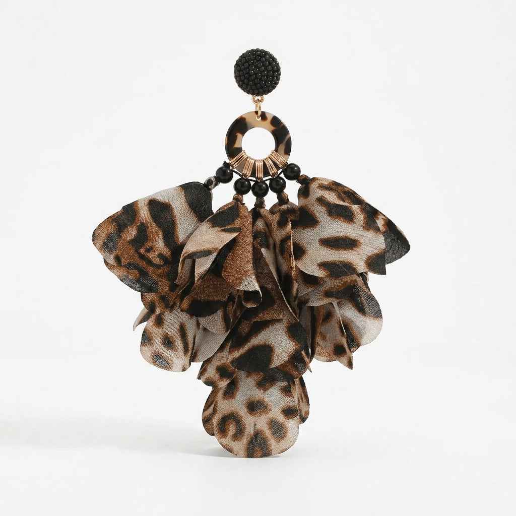 Leopard Print Petal Tassel Earrings | Bold Fabric Flower Statement Earrings - ZI FASHION