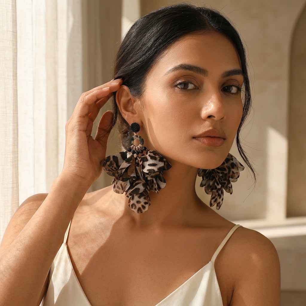 Leopard Print Petal Tassel Earrings | Bold Fabric Flower Statement Earrings - ZI FASHION