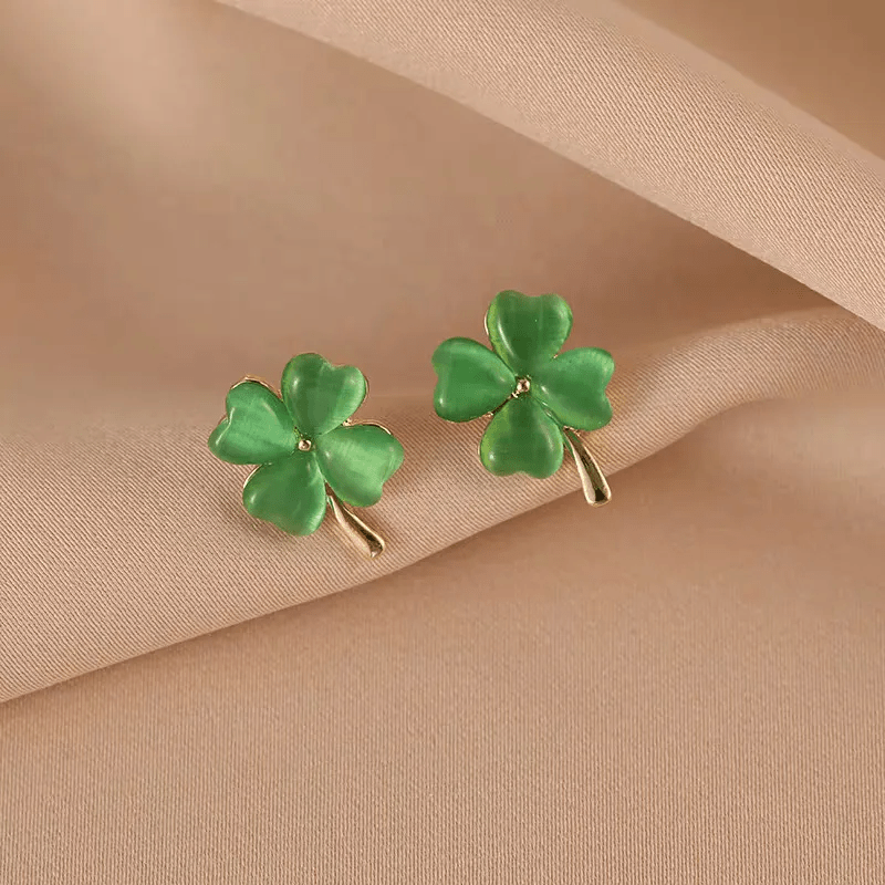Lucky Four - Leaf Clover Opal Stud Earrings | Gold Clover Earrings in Green & White - ZI FASHION
