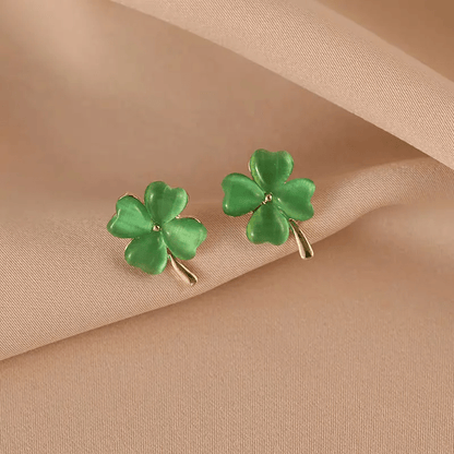 Lucky Four - Leaf Clover Opal Stud Earrings | Gold Clover Earrings in Green & White - ZI FASHION