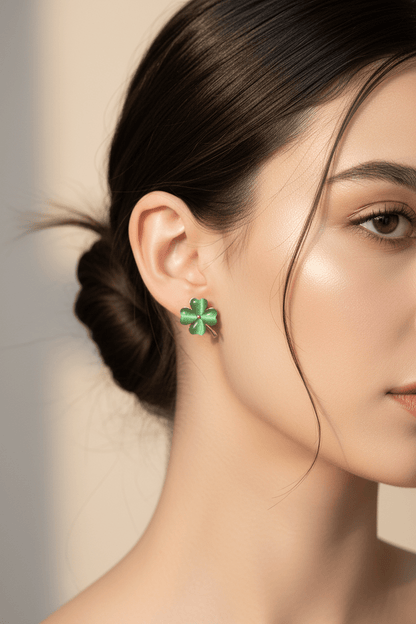 Lucky Four - Leaf Clover Opal Stud Earrings | Gold Clover Earrings in Green & White - ZI FASHION