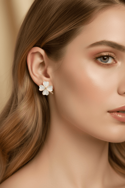 Lucky Four - Leaf Clover Opal Stud Earrings | Gold Clover Earrings in Green & White - ZI FASHION