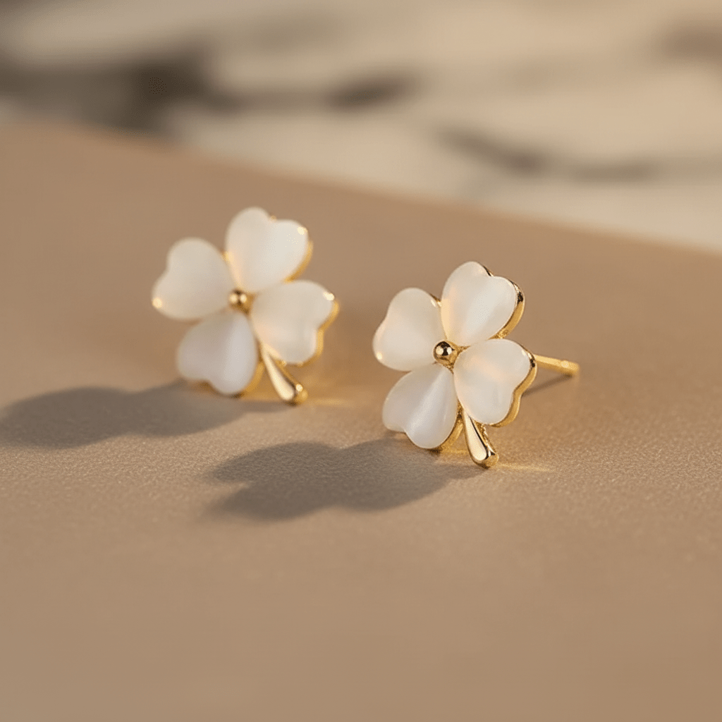 Lucky Four - Leaf Clover Opal Stud Earrings | Gold Clover Earrings in Green & White - ZI FASHION
