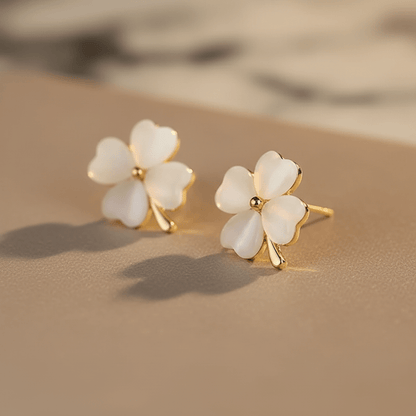 Lucky Four - Leaf Clover Opal Stud Earrings | Gold Clover Earrings in Green & White - ZI FASHION
