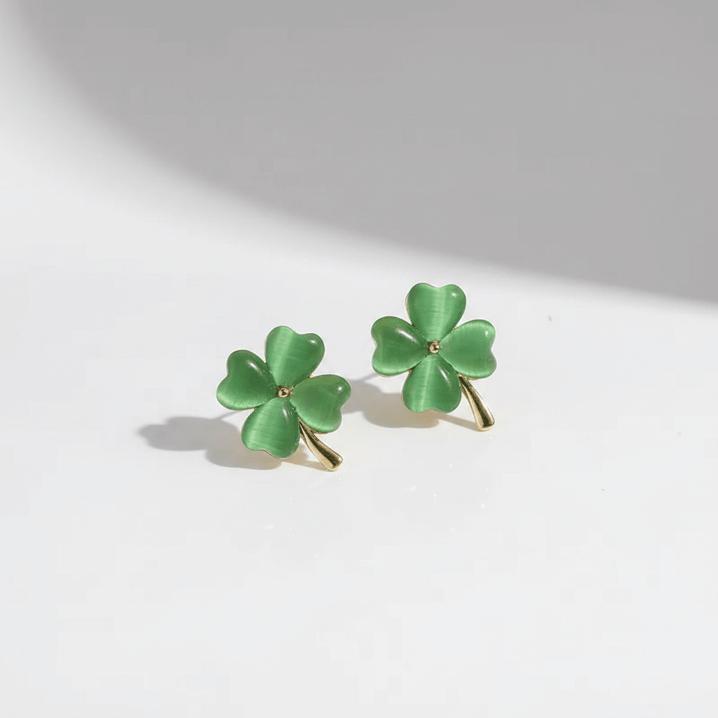 Lucky Four - Leaf Clover Opal Stud Earrings | Gold Clover Earrings in Green & White - ZI FASHION