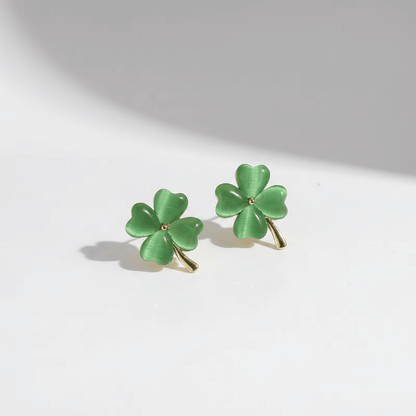 Lucky Four - Leaf Clover Opal Stud Earrings | Gold Clover Earrings in Green & White - ZI FASHION