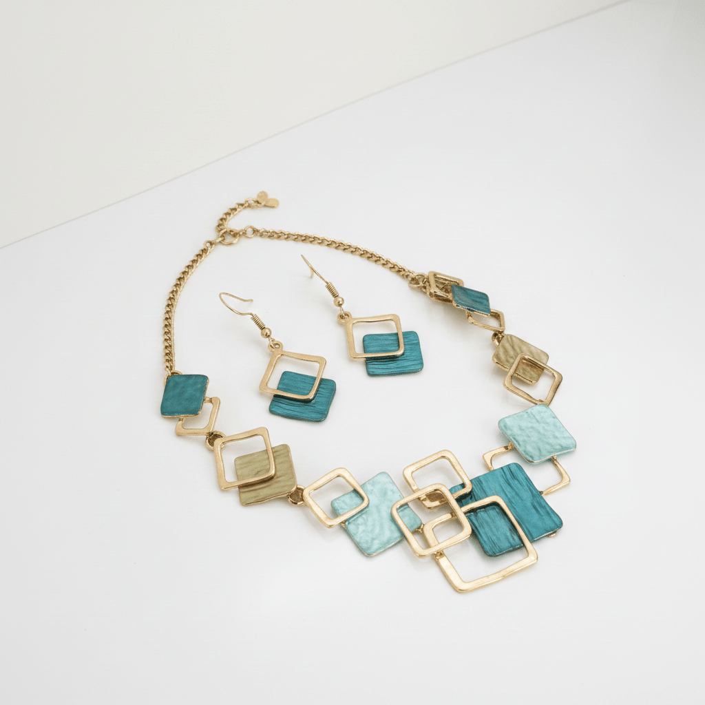 Malachite Green Geometric Square Jewellery Set | Gold Layered Square Necklace & Earrings Set - ZI FASHION