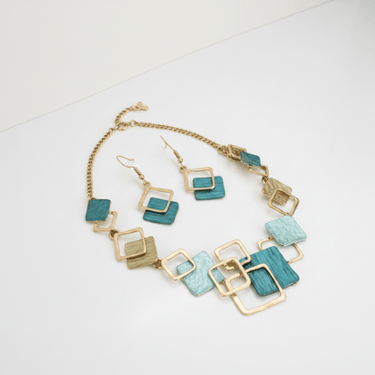 Malachite Green Geometric Square Jewellery Set | Gold Layered Square Necklace & Earrings Set - ZI FASHION