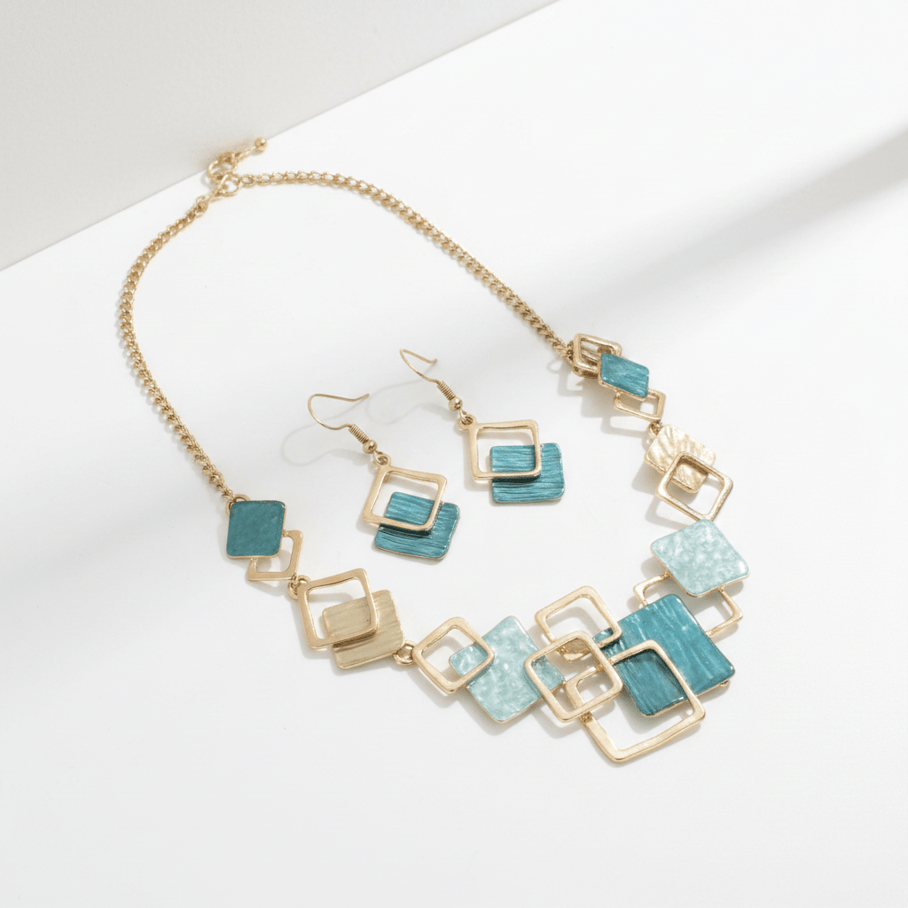 Malachite Green Geometric Square Jewellery Set | Gold Layered Square Necklace & Earrings Set - ZI FASHION
