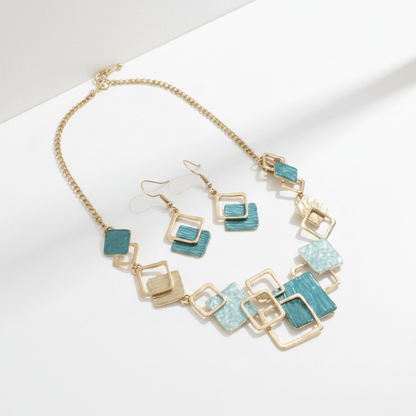 Malachite Green Geometric Square Jewellery Set | Gold Layered Square Necklace & Earrings Set - ZI FASHION