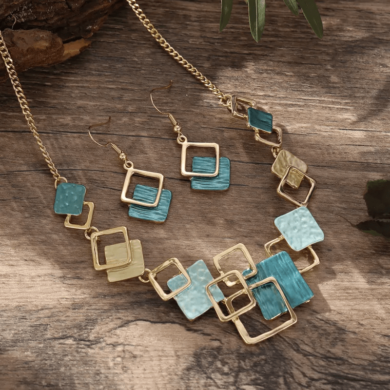 Malachite Green Geometric Square Jewellery Set | Gold Layered Square Necklace & Earrings Set - ZI FASHION