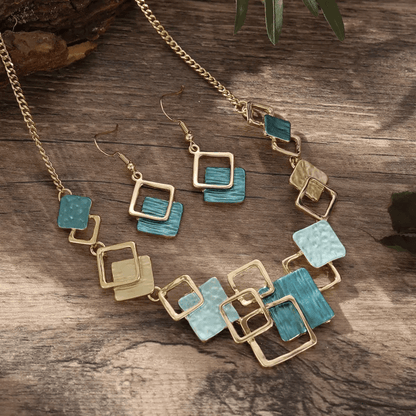 Malachite Green Geometric Square Jewellery Set | Gold Layered Square Necklace & Earrings Set - ZI FASHION