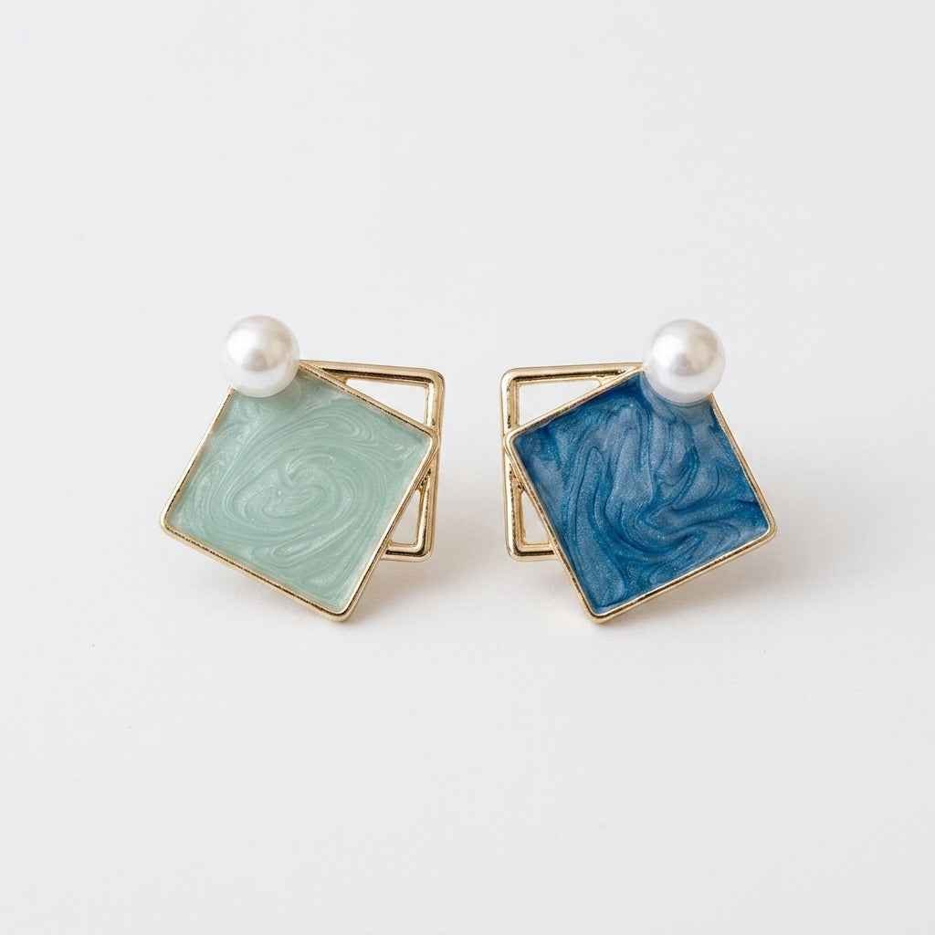 Marble Rhombus Pearl Stud Earrings for Women | Mismatched Blue Mint Gold Geometric Earrings - ZI FASHION