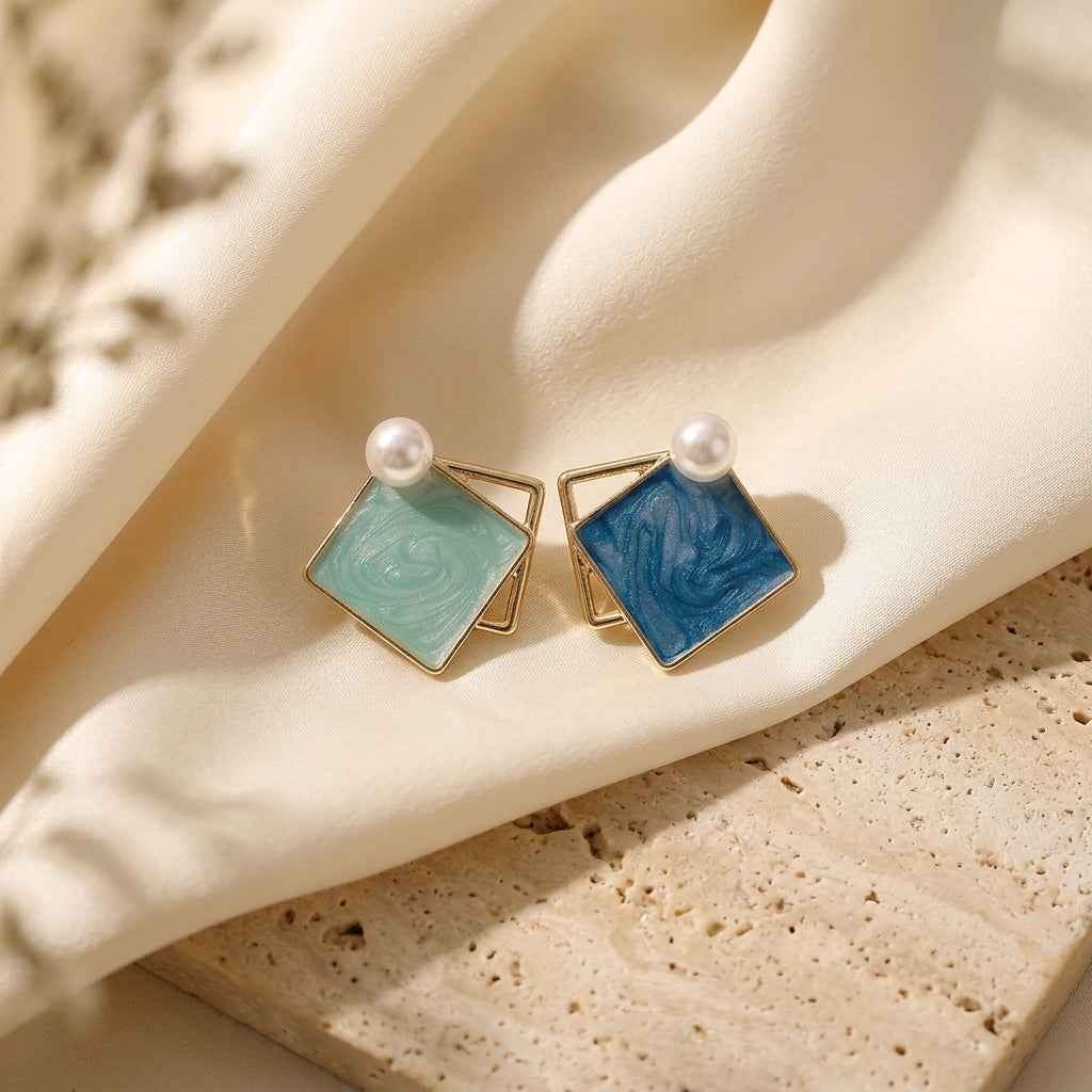 Marble Rhombus Pearl Stud Earrings for Women | Mismatched Blue Mint Gold Geometric Earrings - ZI FASHION