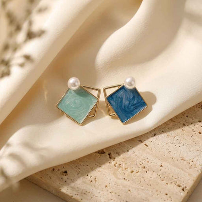 Marble Rhombus Pearl Stud Earrings for Women | Mismatched Blue Mint Gold Geometric Earrings - ZI FASHION