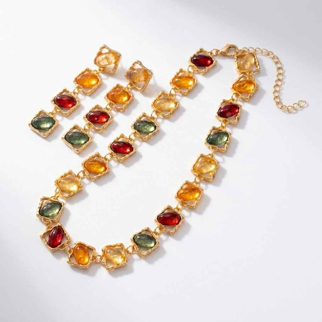 Multicolour Resin Gemstone Jewellery Set | Vintage Gold Statement Necklace & Earrings - ZI FASHION