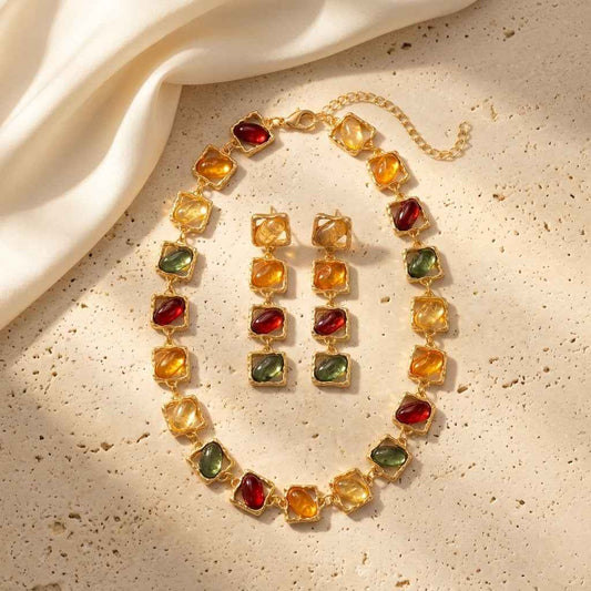 Multicolour Resin Gemstone Jewellery Set | Vintage Gold Statement Necklace & Earrings - ZI FASHION