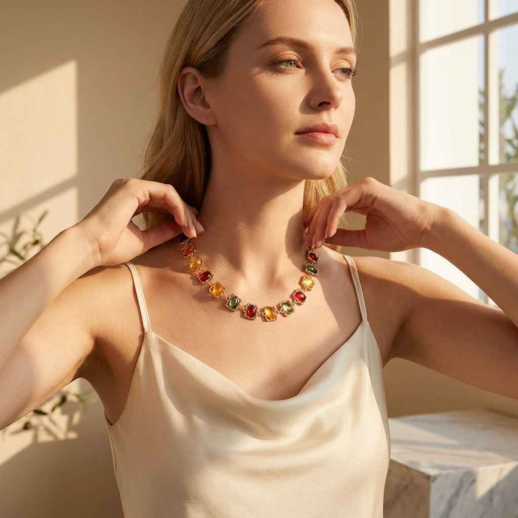 Multicolour Resin Gemstone Jewellery Set | Vintage Gold Statement Necklace & Earrings - ZI FASHION