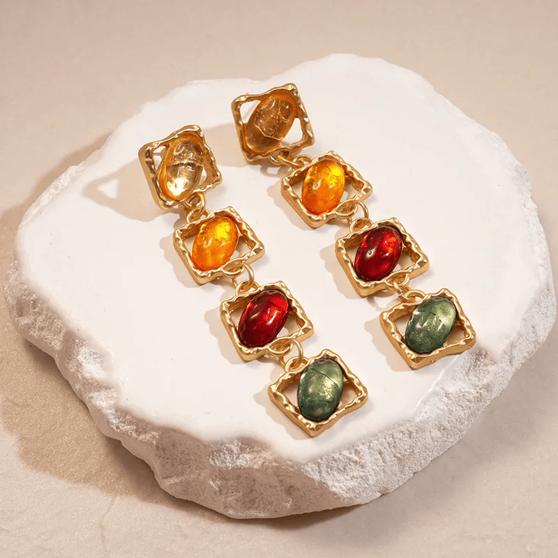 Multicolour Resin Gemstone Jewellery Set | Vintage Gold Statement Necklace & Earrings - ZI FASHION