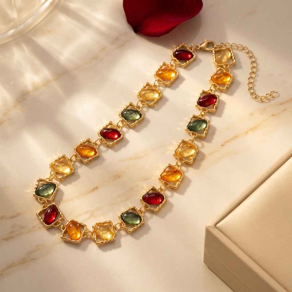 Multicolour Resin Gemstone Jewellery Set | Vintage Gold Statement Necklace & Earrings - ZI FASHION