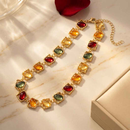 Multicolour Resin Gemstone Jewellery Set | Vintage Gold Statement Necklace & Earrings - ZI FASHION