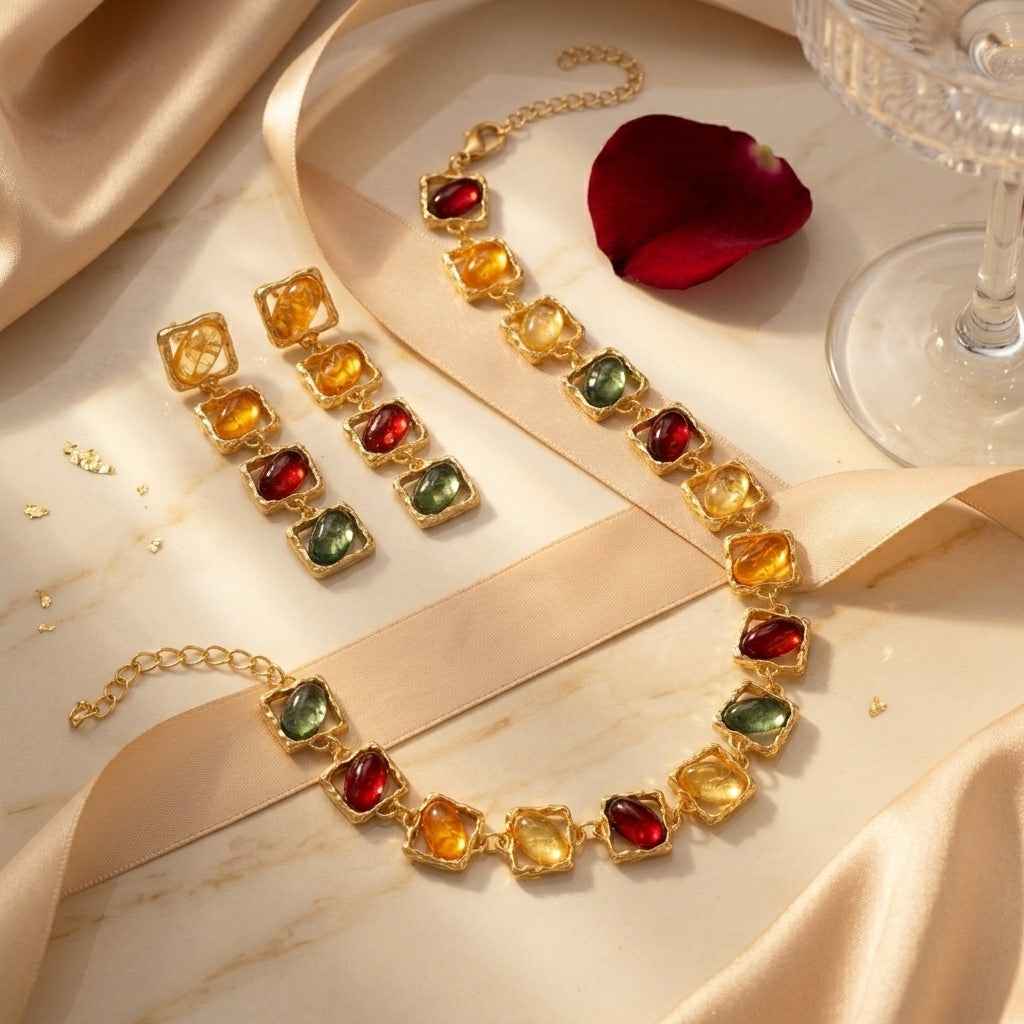 Multicolour Resin Gemstone Jewellery Set | Vintage Gold Statement Necklace & Earrings - ZI FASHION