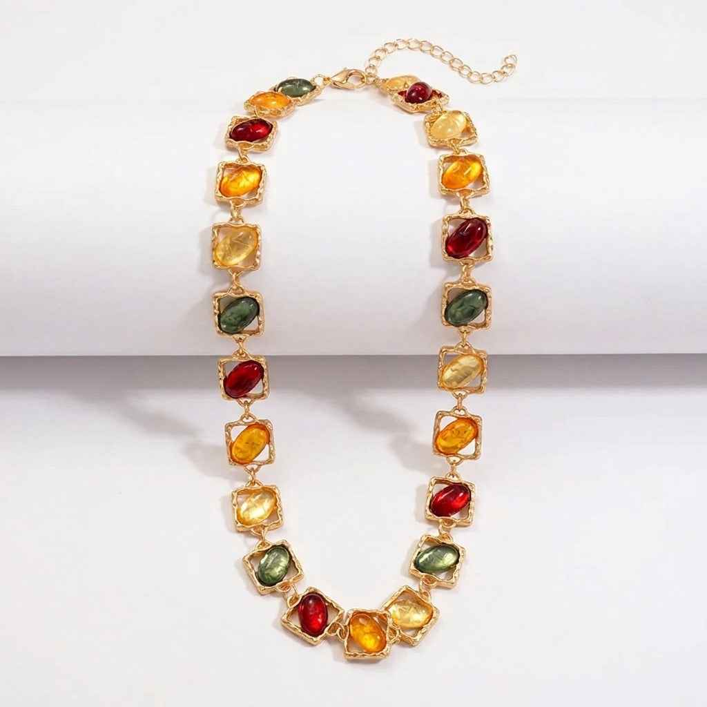 Multicolour Resin Gemstone Jewellery Set | Vintage Gold Statement Necklace & Earrings - ZI FASHION