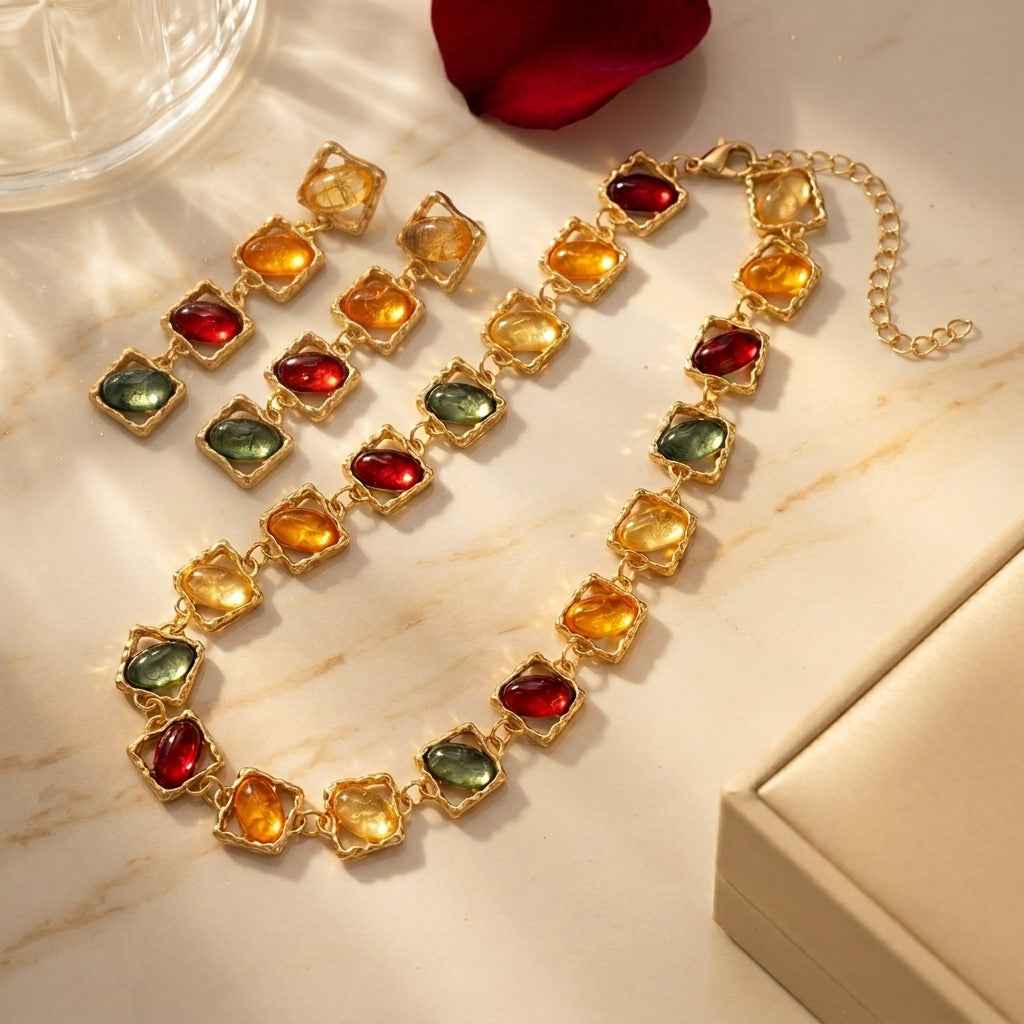 Multicolour Resin Gemstone Jewellery Set | Vintage Gold Statement Necklace & Earrings - ZI FASHION