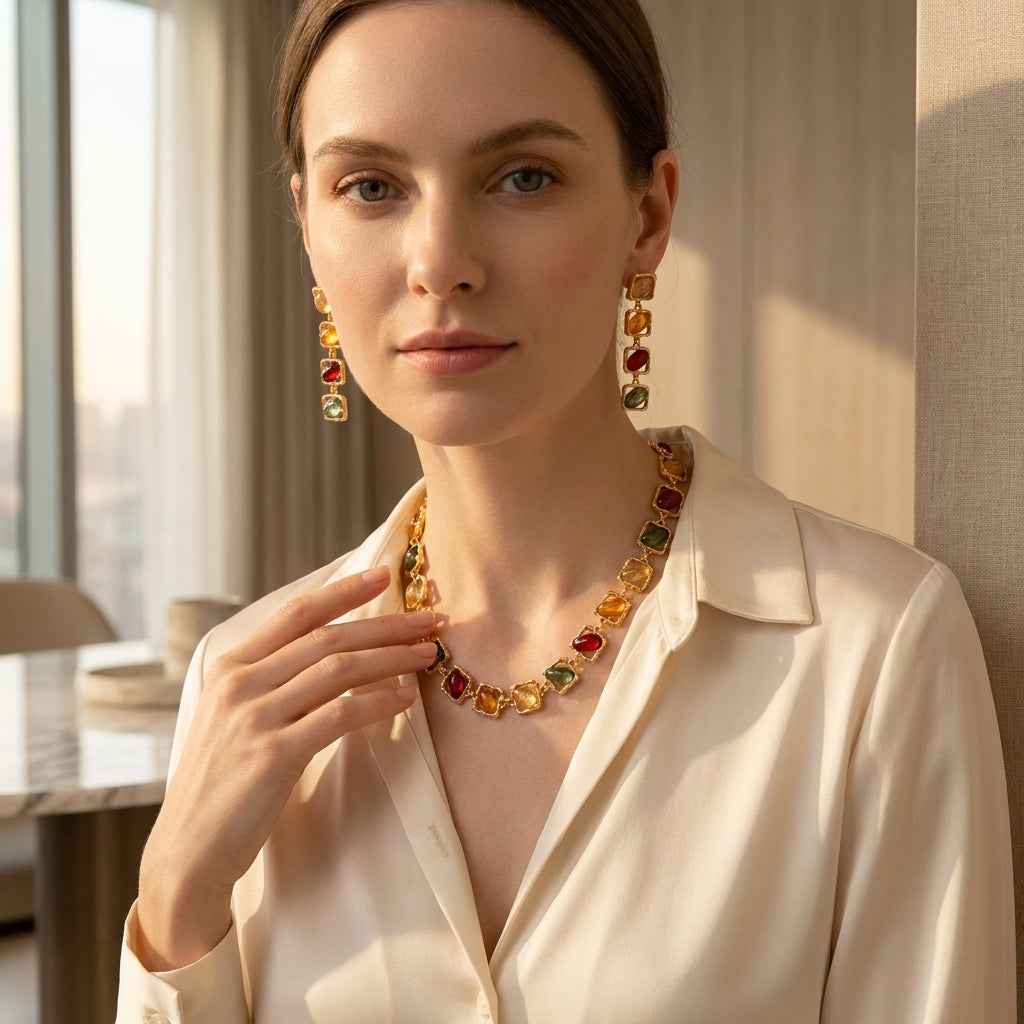 Multicolour Resin Gemstone Jewellery Set | Vintage Gold Statement Necklace & Earrings - ZI FASHION