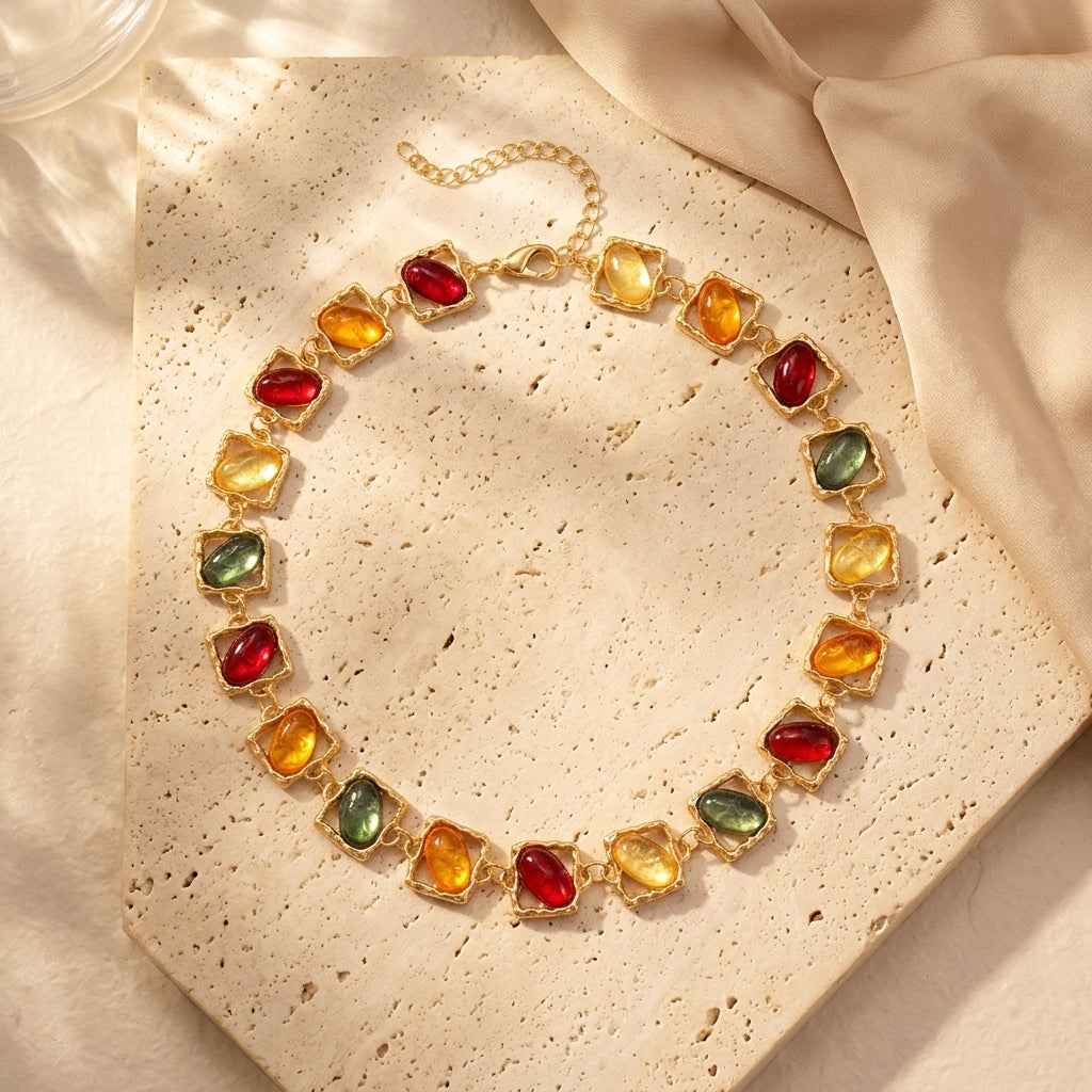 Multicolour Resin Gemstone Jewellery Set | Vintage Gold Statement Necklace & Earrings - ZI FASHION