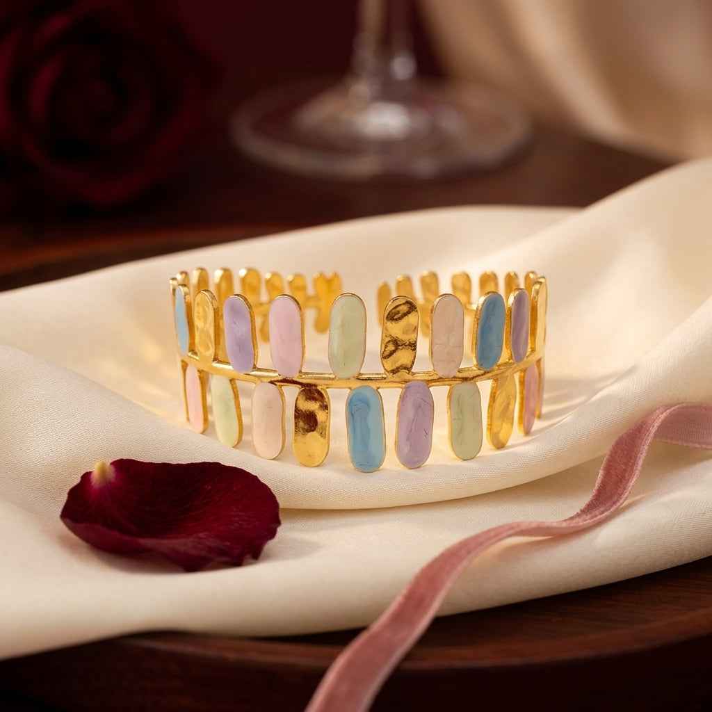Pastel Rainbow Enamel Gold Cuff Bangle | 18K Gold Plated Multicolor Statement Bangle - ZI FASHION