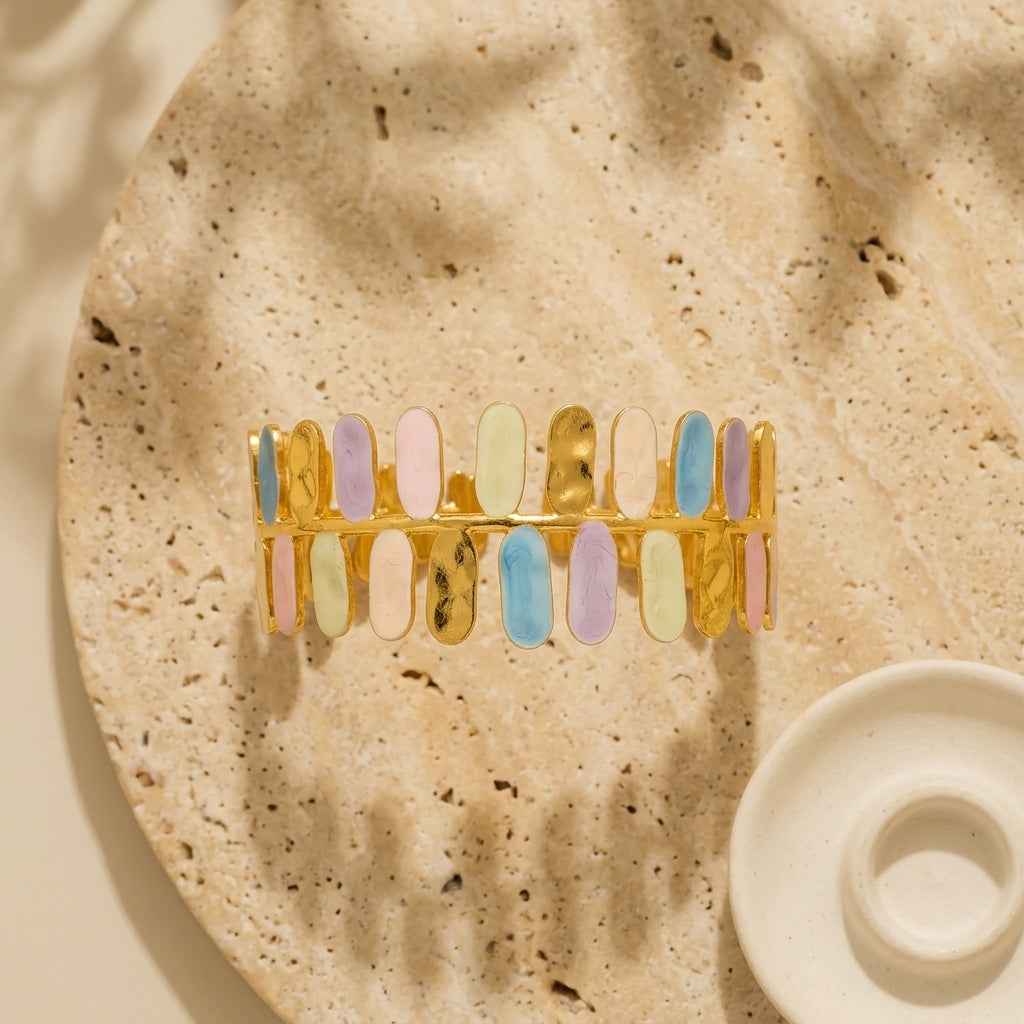 Pastel Rainbow Enamel Gold Cuff Bangle | 18K Gold Plated Multicolor Statement Bangle - ZI FASHION